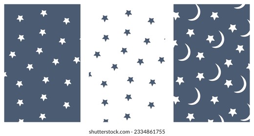 Nahtloses Muster für den nächtlichen Himmel. Einfache Kindergartenkunst für das Baby. Weißer und dunkelblauer Stern und Mond. Vektorgrafik.