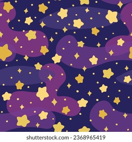 Cute night sky seamless pattern with yellow stars in purple background. Haloween themed vector art for textile, web design, wallpaper, poster.
