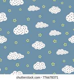 Cute night sky. Seamless pattern with clouds and stars. Vector illustration for children.