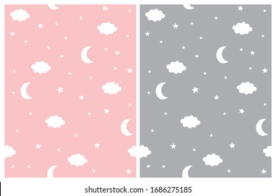 Cute Night Sky Seamless Vctor Patterns. White Moons, Stars and Fluffy Clouds on a Light Pink and Gray Background. Lovely Starry Print for Baby Girl. Abstract Sky With Stars, Moon and Cloud.