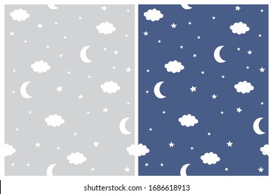 Cute Night Sky Seamless Vctor Patterns. White Moons, Stars and Fluffy Clouds on a Light Gray and Dark Blue Background. Lovely Starry Print for Kids. Abstract Sky With Stars, Moon and Cloud.