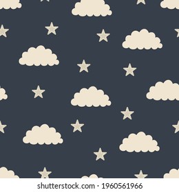 Cute Night Sky Seamless Vector Patterns. Fluffy Clouds on Dark Blue Background. Sky With Stars.