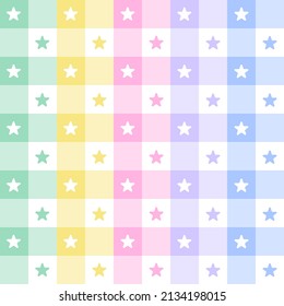 Cute Night Sky Star Element Rainbow Purple Blue Green Yellow Orange Pink Checkered Gingham Pattern Editable Stroke. Cartoon Illustration, Mat, Fabric, Textile, Scarf, Wrapping Paper.