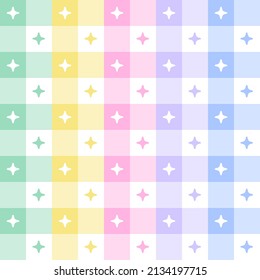 Cute Night Sky Star Sparkle Element Rainbow Purple Blue Green Yellow Orange Pink Checkered Gingham Pattern Editable Stroke. Cartoon Illustration, Mat, Fabric, Textile, Scarf, Wrapping Paper.