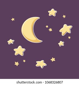 Cute night sky vector illustration. Poster about sleep and dream. Hand drawn icons of moon and stars with white outline on the purple sky. Concept of sleeping, insomnia, sleep disorders, baby sleep.