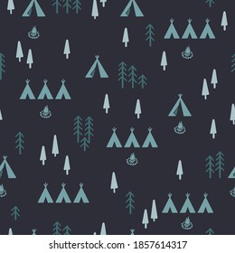 Cute Night Summer Camp Vector Graphic Illustration Seamless Pattern for Background and Apparel Design