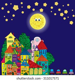 Cute night town. Vector cartoon town and clouds in the sky.