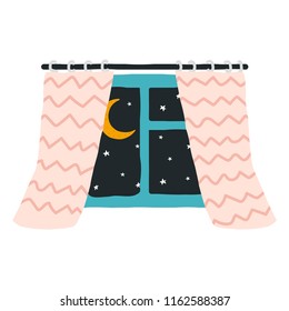 Cute night window with pink curtains. Kids bedtime graphic. Vector hand drawn illustration.