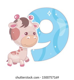 Cute nine number with baby giraffe cartoon illustration. School math funny font symbol and kawaii animal character. Kids scrapbook sticker. Children 9 years old birthday and anniversary number clipart