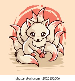 cute nine tailed fox mascot character illustration vector icon. flat cartoon concept.