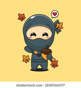 Ninja bonito com bolotas na estação de outono no dia de outono desenho animado vetor ilustração