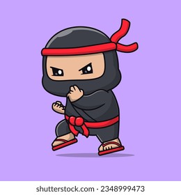 Cute Ninja Angriff Pose Cartoon Vektorsymbol Illustration. People Holiday Icon Konzept isolierten Premium-Vektorgrafik. Flachbildkartonstil