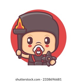 cute ninja baby cartoon with a torch. vector illustration, mascot, icon, sticker.