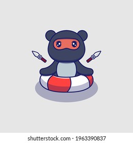 Cute ninja bear swimming with rubber ring