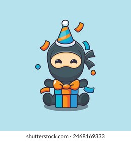 Cute ninja in birthday party cartoon vector illustration. Vector cartoon Illustration suitable for poster, brochure, web, mascot, sticker, logo and icon.