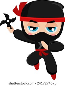 Cute Ninja Boy Warrior Cartoon Character Jumping With Shuriken. Vector Illustration Flat Design Isolated On Transparent Background