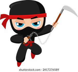 Personaje De Caricatura De Ninja Boy Warrior Con Kusarigama En Acción. Diseño Plano De Ilustración Vectorial Aislado En Fondo Transparente