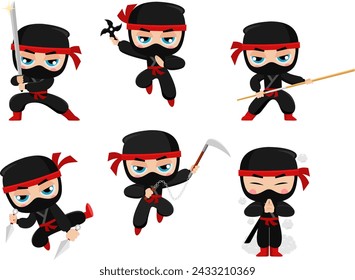 Cute Ninja Boy Warrior Cartoon Character. Vector Flat Design Collection Set Isolated On Transparent Background