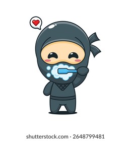 Lindos ninja escovando dentes desenho animado vetor ilustração