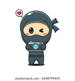 Ninja bonito com câmera desenho animado vetor ilustração