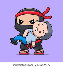 Cute Ninja Carrying Boy Cartoon Vector Icon Illustration. People Holiday Icon Concept Isolated Premium Vector. Flat Cartoon Style