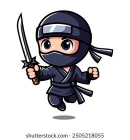 Cute Ninja Cartoon Character Holding Sword