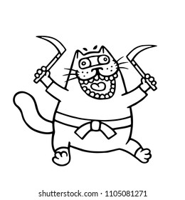 Cute ninja cat is armed with two sickles. Funny cartoon pet character. Contour digital drawing. Vector illustration.
