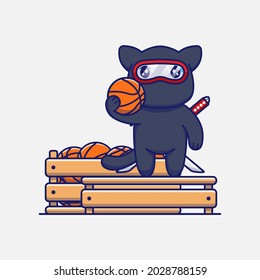 Cute ninja cat with a box full of basket balls