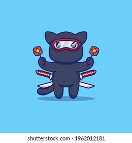 Cute ninja cat carrying flowers