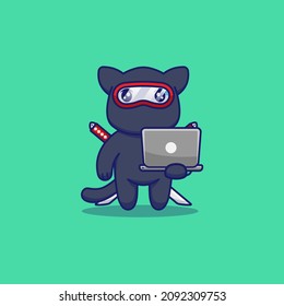 Cute Ninja Cat Carrying Laptop