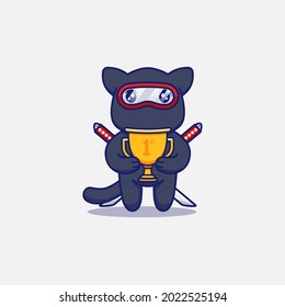 Cute ninja cat carrying a trophy