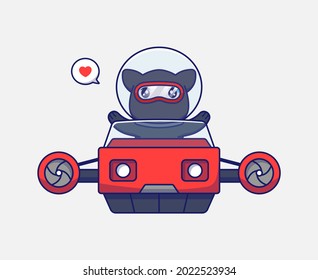 Cute ninja cat driving flying vehicle