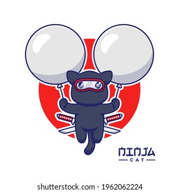 Cute ninja cat floating with balloons