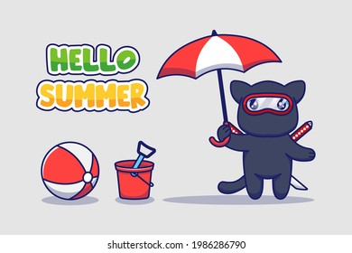 Cute ninja cat with hello summer greeting banner