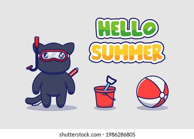 Cute ninja cat with hello summer greeting banner