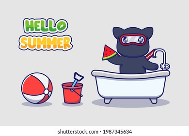 Cute ninja cat with hello summer greeting banner