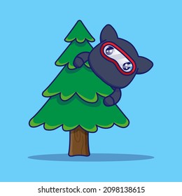 Cute Ninja Cat Hiding On A Tree