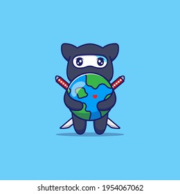 Cute ninja Katze umarmt Planetenballon
