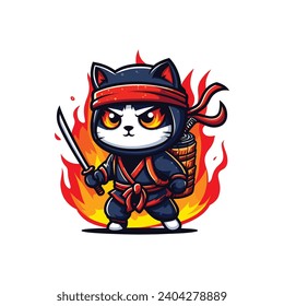 CUTE NINJA CAT ILLUSTRATION VECTOR IN DEEP BLUE, BLACK, WHITE, RED, ORANGE AND YELLOW WITH WHITE BACKGROUND