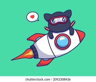 Cute ninja cat on flying rocket