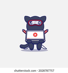 Gato ninja lindo jugando video con laptop