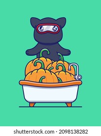 Cute Ninja Cat With Pumpkins