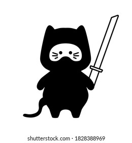Un gato guapo de ninja con espada aislado en fondo blanco. Diseño plano para afiches o camisetas. Ilustración del vector