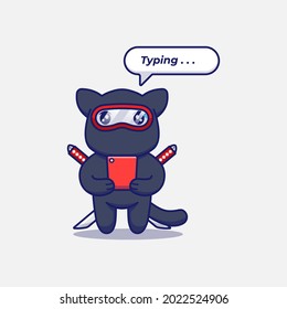 Gato ninja lindo tecleando con teléfono inteligente