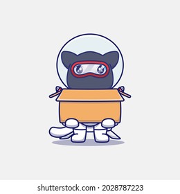 Cute ninja cat wearing astronaut suit carrying cardboard