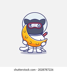 Cute Ninja Cat Wearing Astronaut Suit Carrying Moon