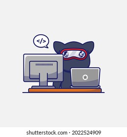 Cute ninja cat working in front of his computer