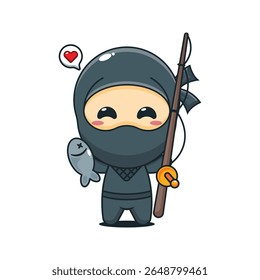 Bonito ninja pescando peixe com vetor de desenho animado haste de pesca ilustração