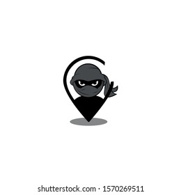 Cute ninja character design template with pins, Location vector map symbol drawn on a white background for graphic and web design,