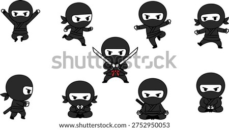 Cute ninja characters collection cartoon martial arts warrior poses fighting stealth action kawaii mascot vector illustration set